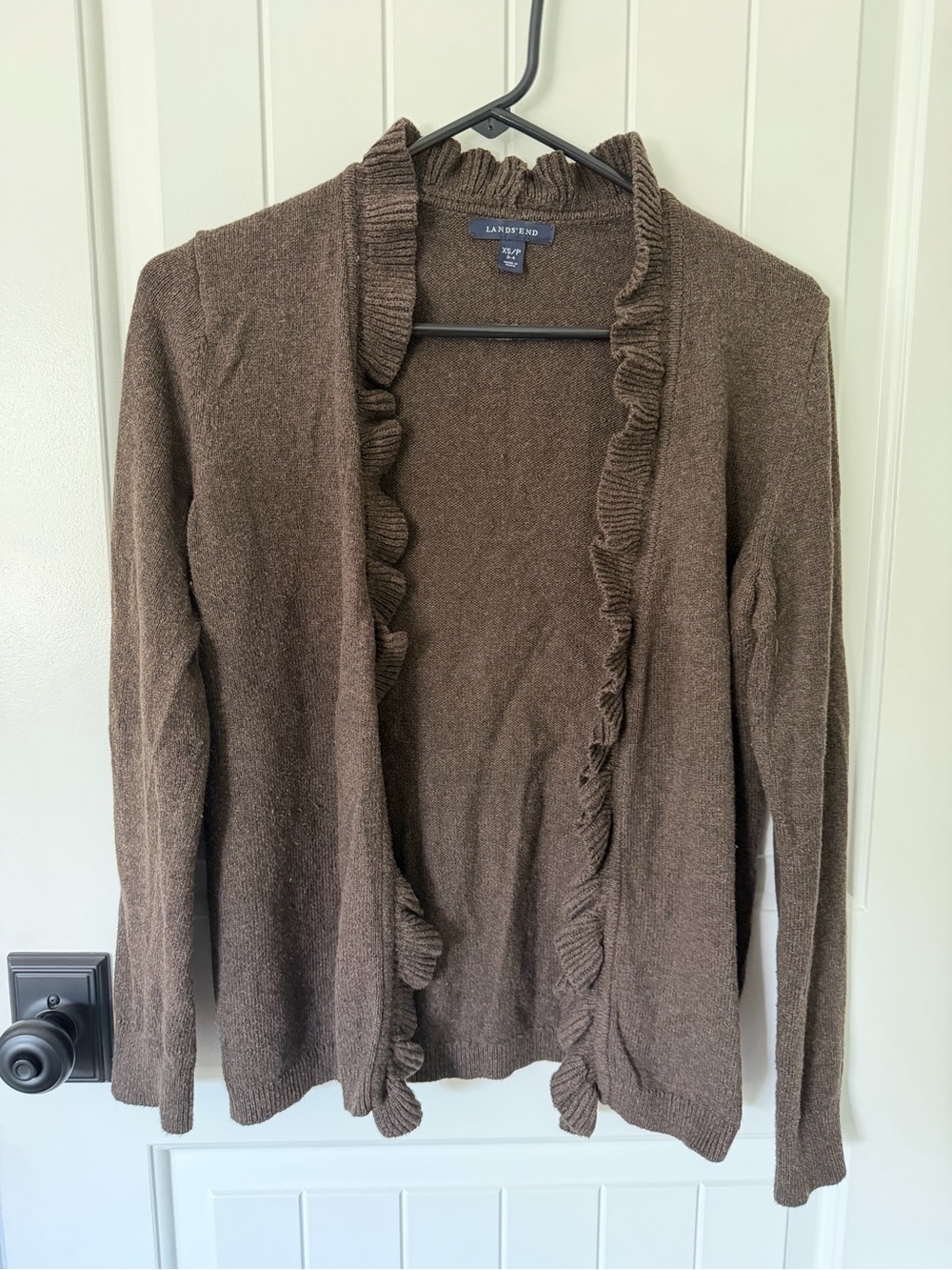 Lands' End Chocolate Brown Ruffle-Trim Open Cardigan